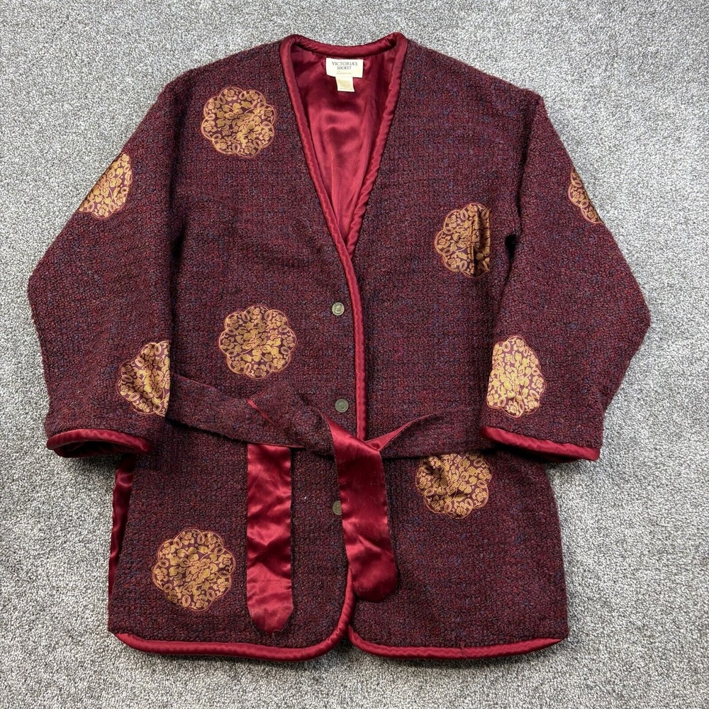 Vintage Victoria's Secret Robe Women's Medium Red Floral Knit‎ Smoking Jacket
